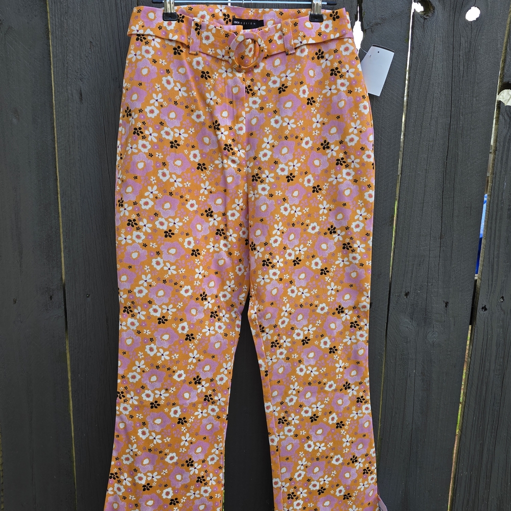 Floral Belted Wide Leg Pants in Orange and Pink